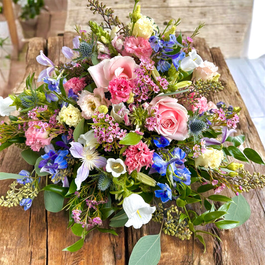 Cottage garden posy in pinks, blues and white shades