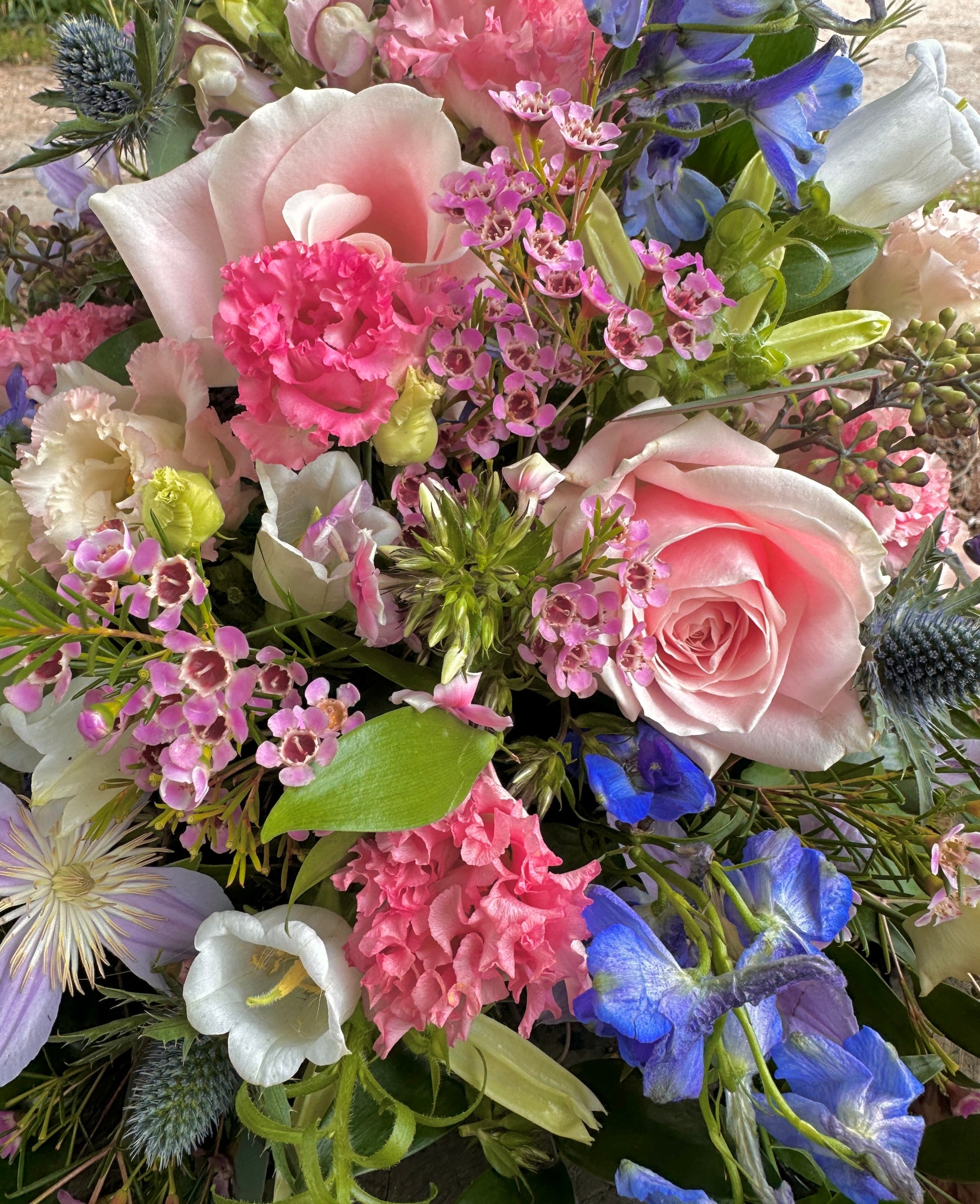 Pinks, blues and white flowers