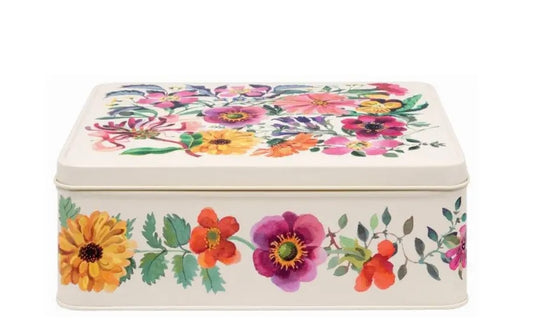 Colourful floral tin with chocolate chip biscuits inside
