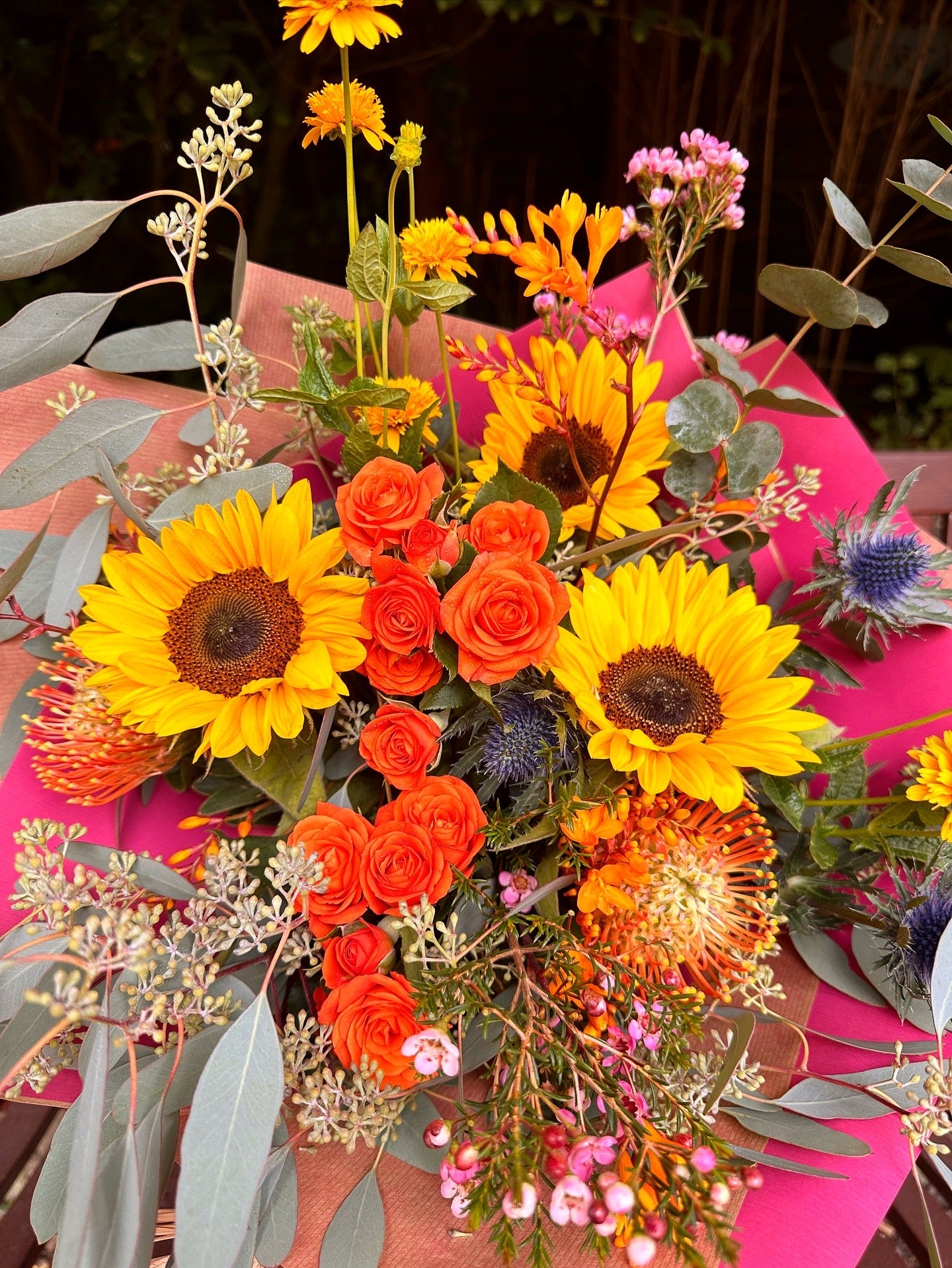 Shades of orange, yellow blue