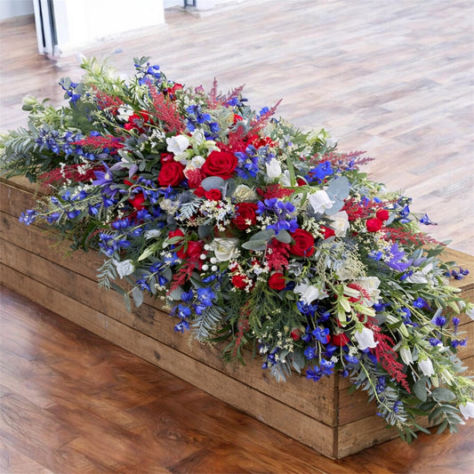 Coffin Spray in Red, White and Blue flowers