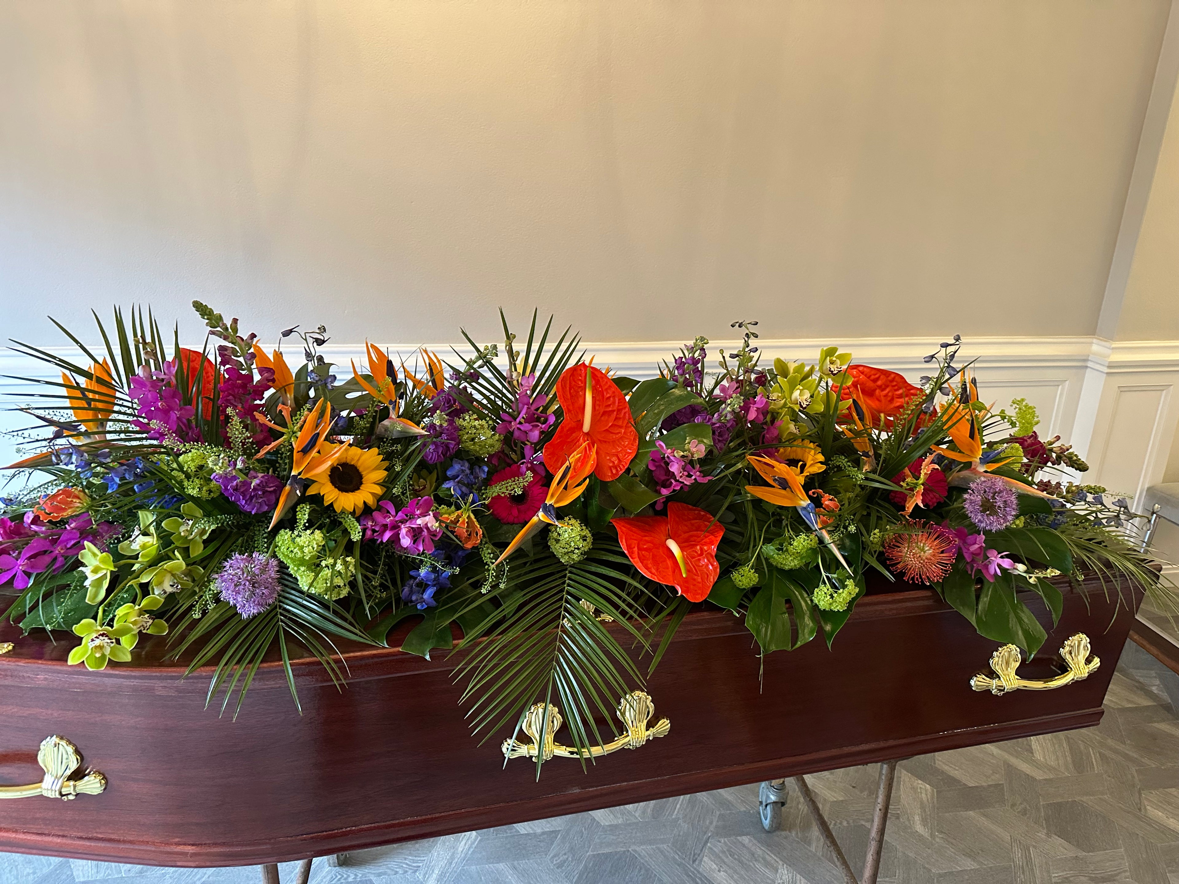 Tropical Casket Spray - Yellow, Orange, Red, Purple, and Hot Pink