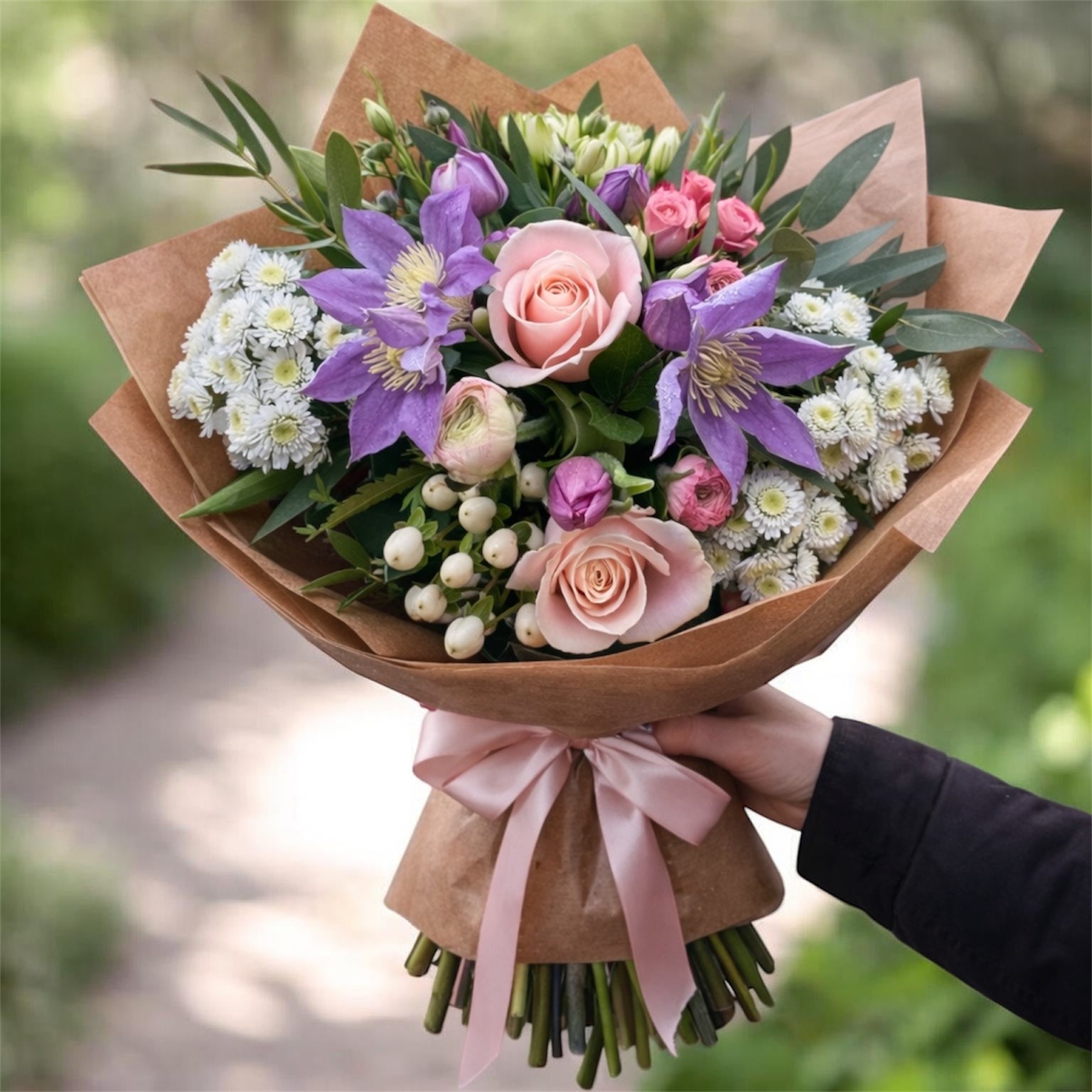 Bouquet of flowers wrapped in brown paper with a pink ribbon, held by a person outdoors.
