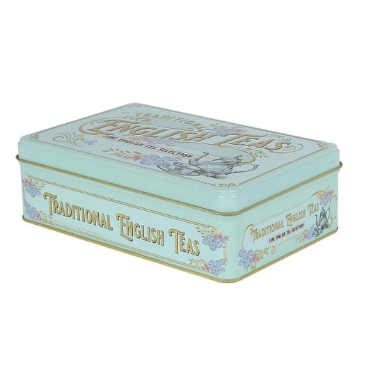 Vintage-style teal tea tin with decorative text with fine English tea selection  